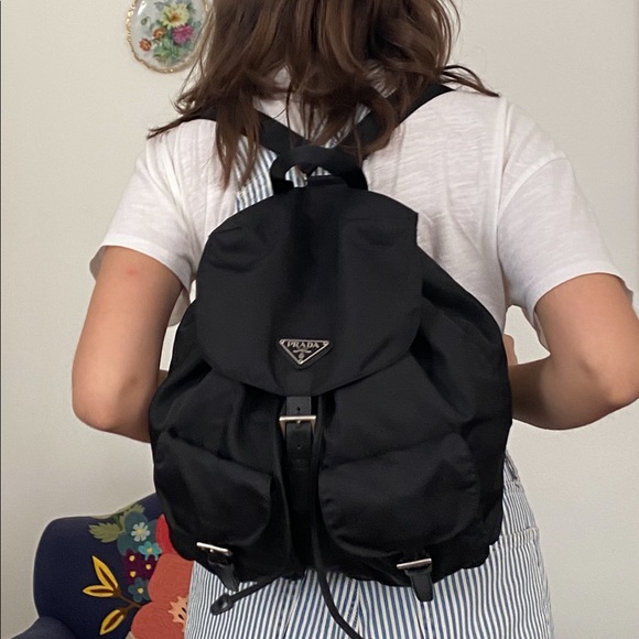 Prada Handbags - PRADA Nylon Large Backpack Black Silver Italy